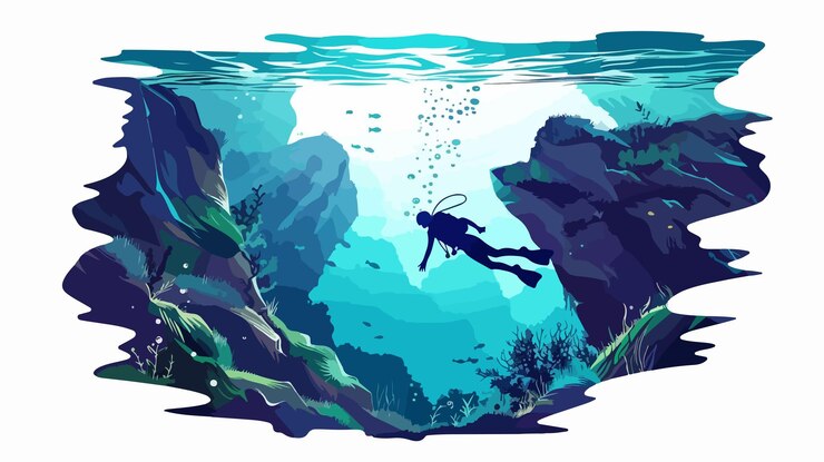 Vector explorando el amplio paisaje submarino a través de la aventura del buceo deportivo