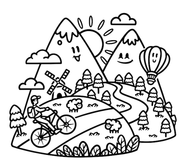 Explorando linda montaña en bicicleta ilustración de línea