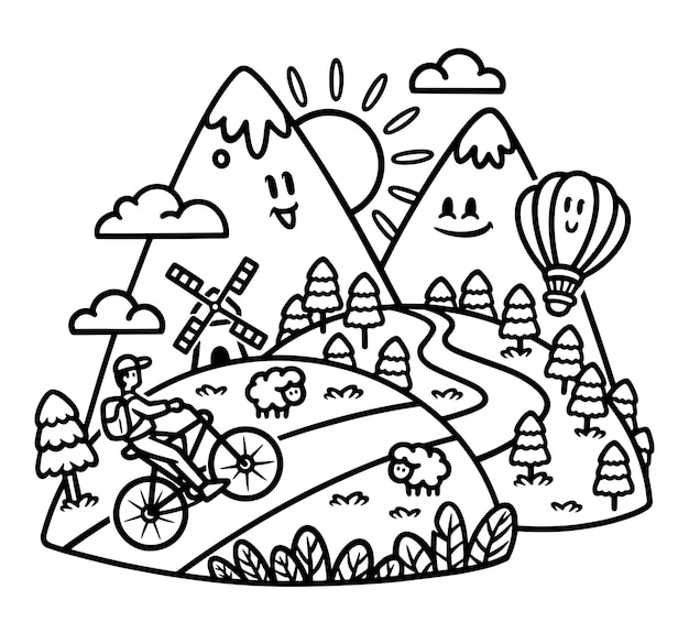 explorando linda montaña en bicicleta ilustración de línea