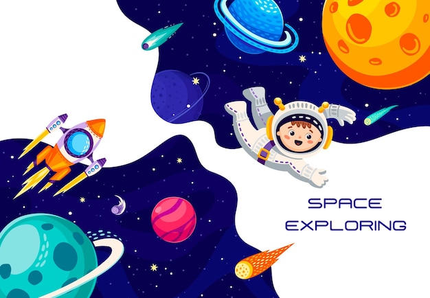 Explorar el espacio estandarte niño astronauta en el espacio exterior