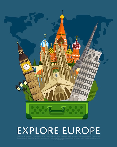 Vector explore el banner de europa con atracciones famosas.