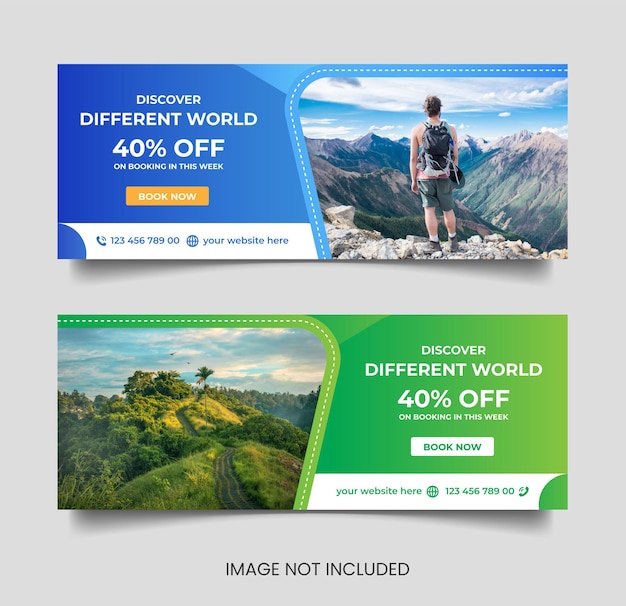 Vector explore el banner web promocional de la agencia de viajes mundial o la plantilla de banner de redes sociales