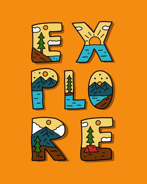 Explore la carta con el uso del diseño de campamento de montaña natural para la etiqueta de la camiseta y otros usos