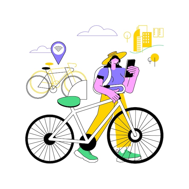 Explore la ciudad en bicicleta ilustraciones vectoriales de dibujos animados aislados Mujer joven cerca de alquilar bicicleta cuando viaja viaje a la ciudad experiencia cultural gente estilo de vida vacaciones tiempo dibujos ilustrados vectoriales