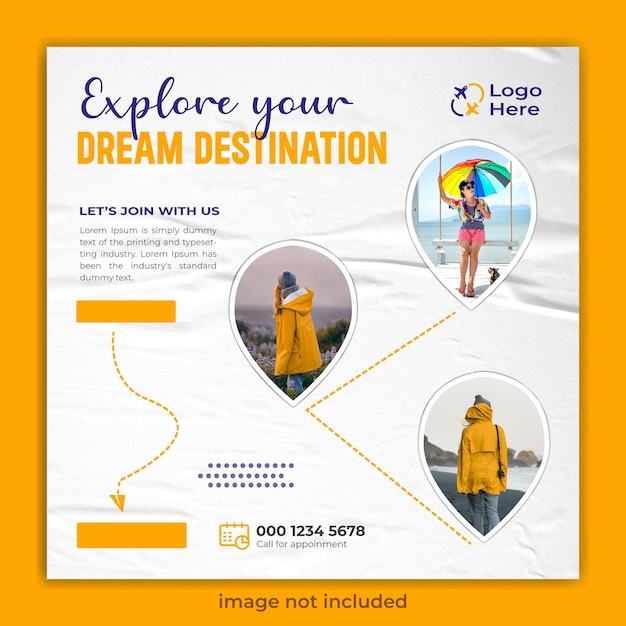 Vector explore el diseño de la plantilla de publicación de instagram o redes sociales de travel tour
