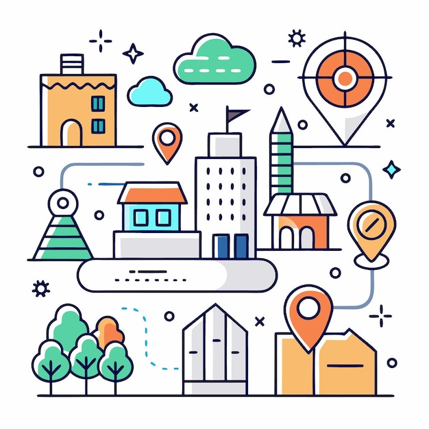Explore el paisaje urbano con pinos de ubicación de edificios y árboles