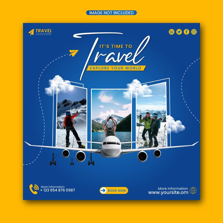 Explore la plantilla de diseño de volante cuadrado de banner web de publicación de redes sociales de viajes creativos modernos del mundo