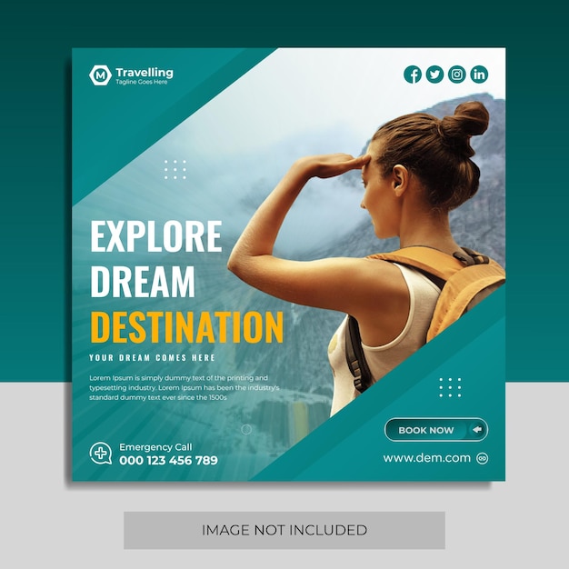 Explore las redes sociales de la agencia de viajes o Instagram y la plantilla de banner web vector premium