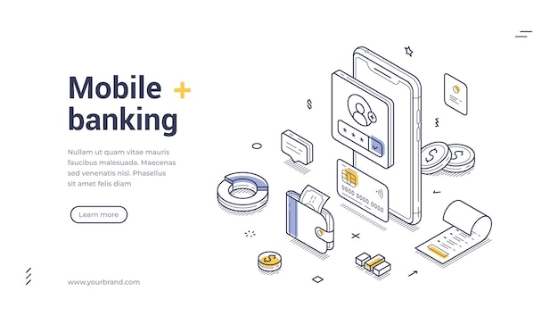 Explore las soluciones de banca móvil con esta plantilla de diseño de banner web isométrico