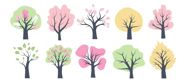 Explore la vibrante transformación de los árboles durante la primavera con flores coloridas en ilustraciones de estilo de diseño plano