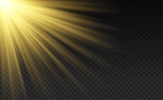 Explosión amarilla Rayos de sol Luz solar Efecto de luz realista Estrella de destello de chispa Foco de oro Vector