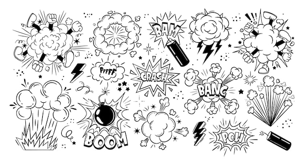 Explosión de bomba de cómics Nube de pelea de dibujos animados con pies y piernas Habla explota burbujas círculo estalla con bam pow boom choque y bang para cómics Conjunto vectorial