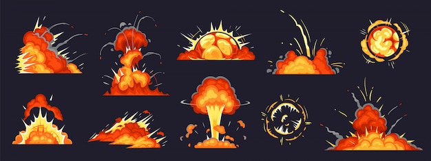 Vector explosión de bomba de dibujos animados. explosiones de dinamita, peligro de detonación de bombas explosivas y bombas atómicas conjunto de ilustración de cómics en la nube