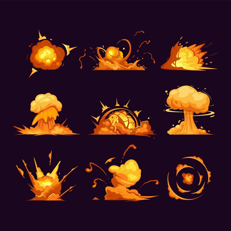 Vector explosión de bomba de dibujos animados. explosiones de dinamita, peligro nube de dinamita roja, bomba atómica. iconos aislados de explosión, conjunto. efectos de boom de cómic de dibujos animados con humo, llamas y partículas.