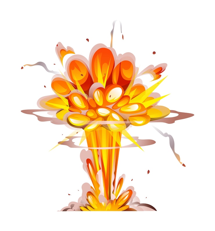 Vector explosión de una bomba con llamas brillantes y columnas de humo que se elevan al cielo ilustración de dibujos animados vectoriales