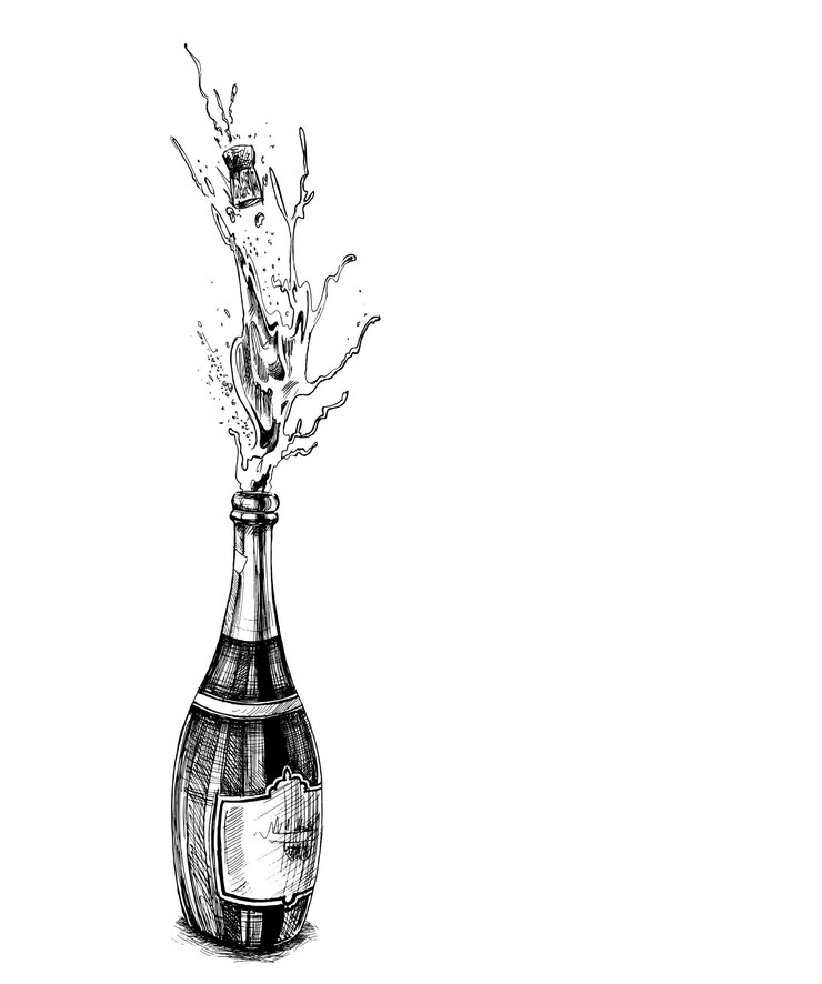 Explosión de botella de champán para cartel de celebración Ilustración de vector de boceto dibujado a mano