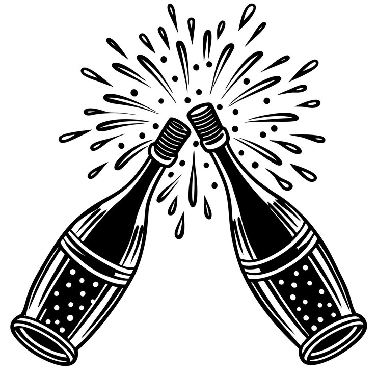 Vector explosión botella de champán y dos manos con vasos de bebida ilustración vectorial de boceto