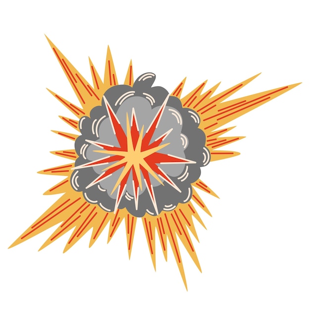 Vector explosión dinamita de dibujos animados o fuego de explosión de bomba nubes de auge y elemento de humo detonación explosiva peligrosa explosión de bomba atómica dibujo a mano vectorial ilustración