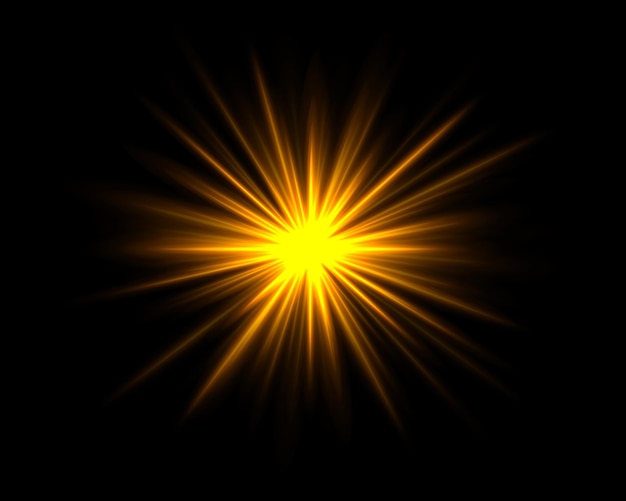 Explosión de estrellas amarillas abstractas Efecto de estallido de estrellas brillantes aislado en un fondo oscuro Rayos radiantes con un centro brillante y brillante Parche gráfico de luz reflejada Flare de lente Ilustración vectorial