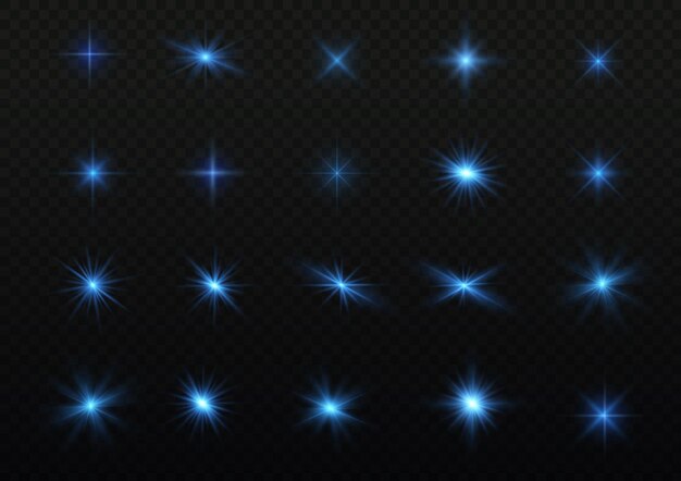 Explosión de estrellas brilla Rayos de sol brillantes destello brillante Luz azul brillante explotar Deslumbramiento chispas Vector