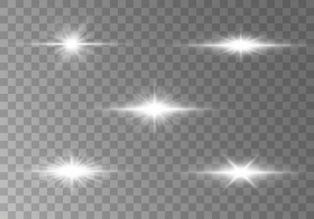 Explosión de estrellas con destellos Efecto de luz resplandor, estrellas, chispas, destellos, explosio. Conjunto de destellos de lente de luz de estrella horizontal brillante, rayos con colección de bokeh sobre fondo transparente. ilustración