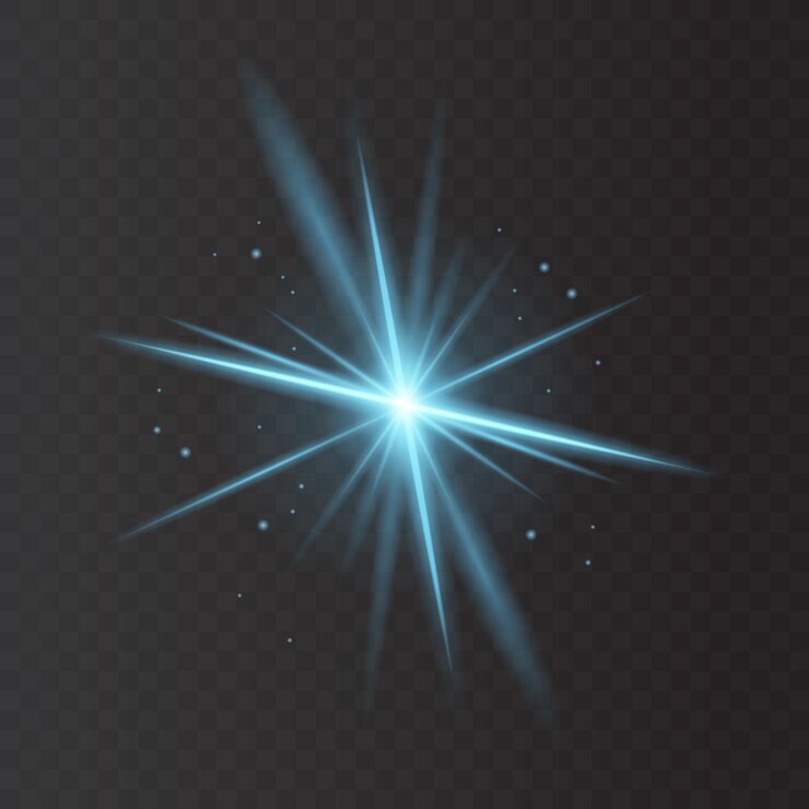 Explosión de estrellas y destellos sobre fondo transparente. efecto azul brillante con rayos de luz.