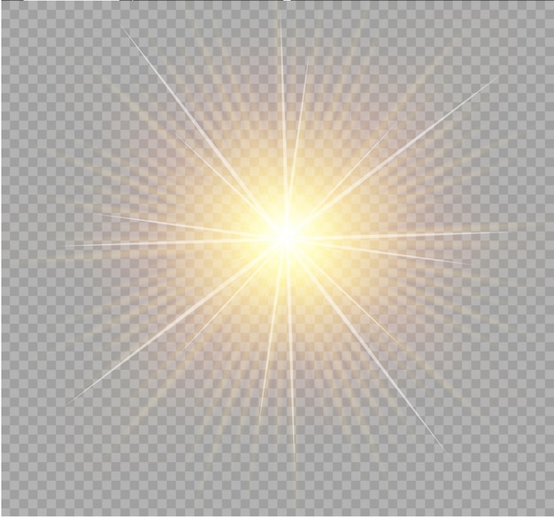 Explosión de explosión de luz amarilla brillante sobre fondo transparente. Decoración de efecto de luz de ilustración con rayo. Lucero. Sol translúcido, destello brillante.