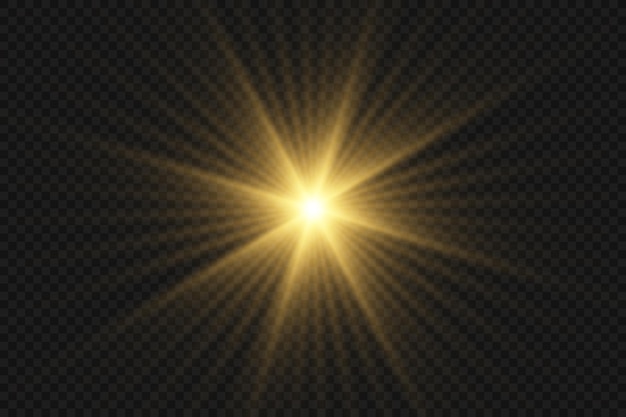 Explosión de explosión de luz brillante de oro con transparente. Lucero. Sol brillante transparente, destello brillante.