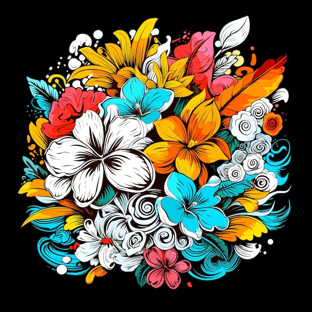 Explosión de flores Imagen abstracta de flores tropicales multicolores brillantes en estilo pop art vectorial aislado en negro Elemento de diseño para afiches, camisetas, pegatinas, etc.