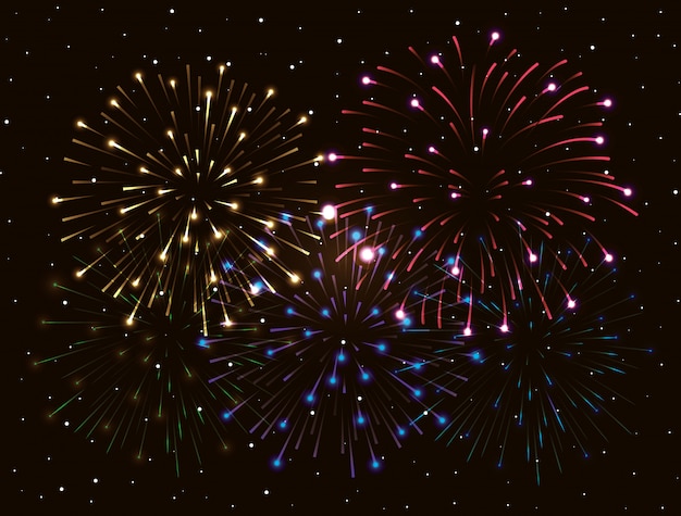 Explosión de fuegos artificiales en el cielo nocturno oscuro, celebración del año nuevo