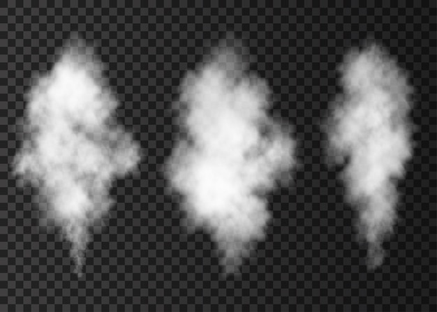 Explosión de humo blanco aislado sobre fondo transparente. Efecto especial de vapor. Columna de vector realista de niebla de fuego o textura de niebla.