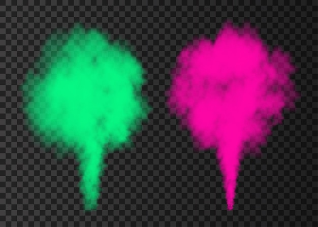 Vector explosión de humo verde, rosa aislado sobre fondo transparente. efecto especial de explosión de vapor de color. columna de vector realista de niebla de fuego o textura de niebla.