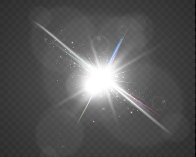 Explosión de luz blanca brillante con reflejos de arco iris y chispas en el fondo transparente