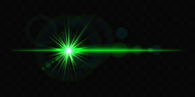 Explosión de luz brillante verde brillante con destello de la lente sobre un fondo negro que crea un efecto dinámico y futurista Reflexión del efecto de luz de la estrella de la lente