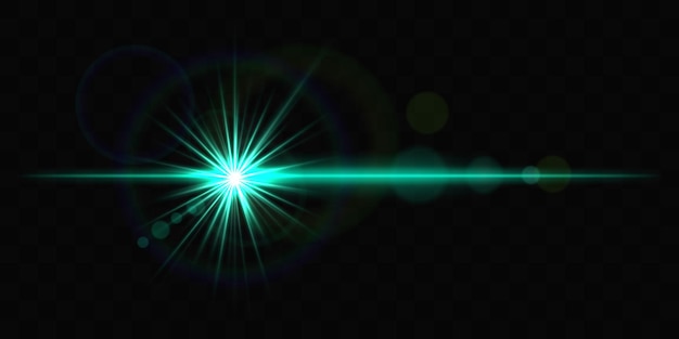 Explosión de luz brillante verde brillante con destello de la lente sobre un fondo negro que crea un efecto dinámico y futurista Reflexión del efecto de luz de la estrella de la lente