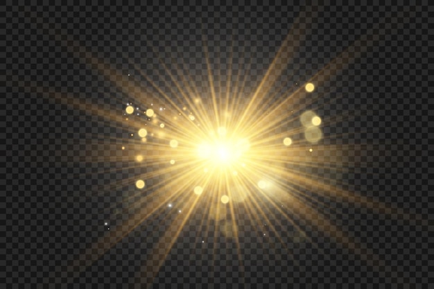 Explosión de luz dorada brillante con haces radiantes y destello de la lente en un fondo oscuro transparente