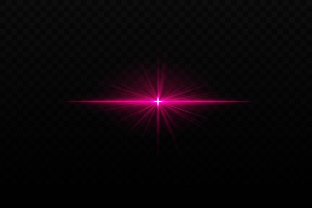 Explosión de luz púrpura brillante con rayos parecidos a estrellas y haz horizontal Efecto de deslumbramiento Scifi que crea un punto focal brillante en un fondo oscuro