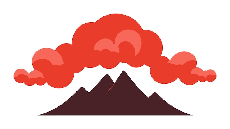 Vector explosión de nube roja sobre las montañas erupción volcánica humo desastre fenómeno natural peligro