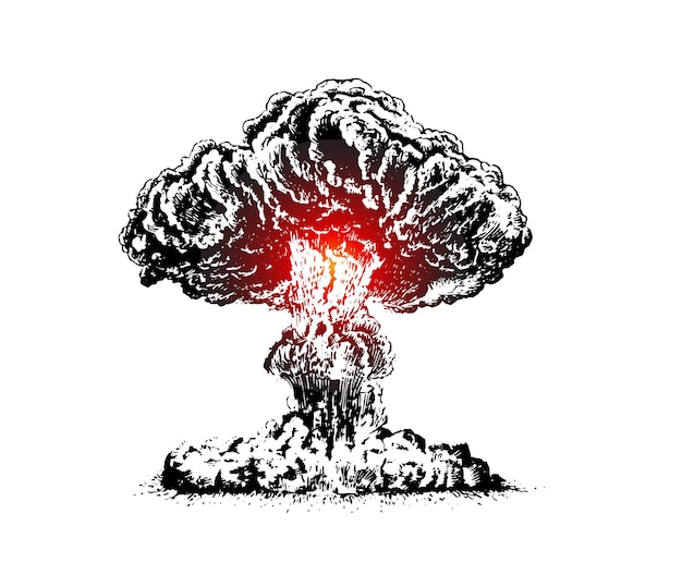 Explosión nuclear aumentando la bola de fuego de la nube atómica en forma de hongo en la prueba de armas del desierto