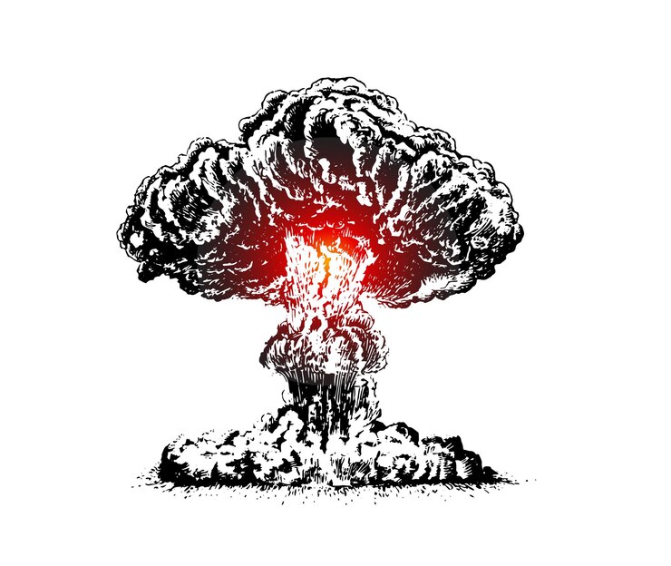 Vector explosión nuclear aumentando la bola de fuego de la nube atómica en forma de hongo en la prueba de armas del desierto