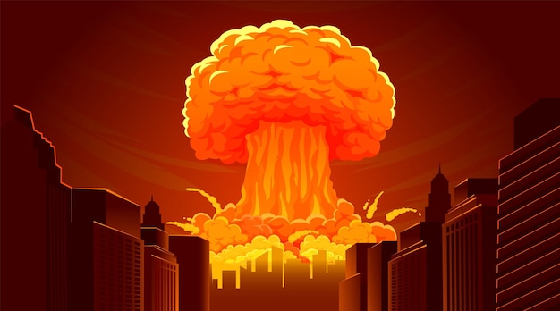 Vector explosión nuclear bomba apocalipsis radioactivo hongo de nube en la ciudad caricatura explosión nuclear atómica ardiente quema catástrofe destrucción ciudad ilustración vectorial rascacielos con llamas y humo