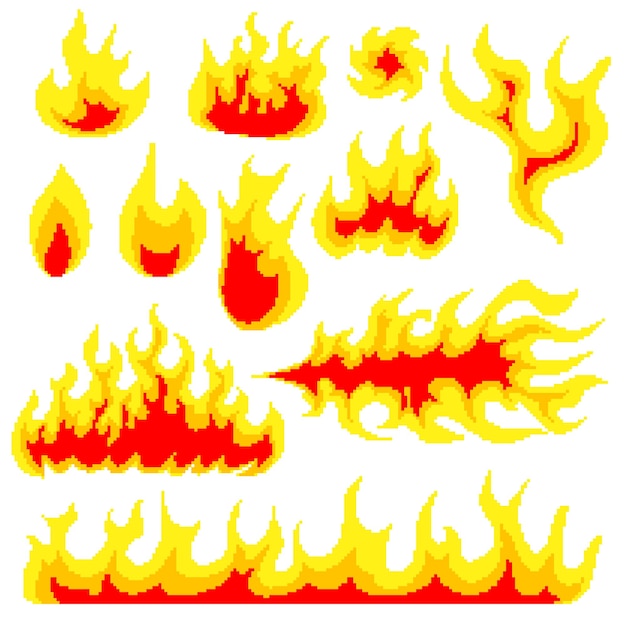 Explosión nuclear pixel art bit objetos de fuego set de iconas de juego de nubes de set de hongo cómic gran llama de boom
