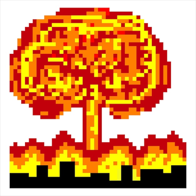 Explosión nuclear con pixel art. ilustración vectorial