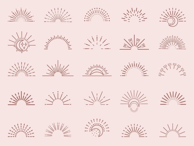 Explosión de rayos de sol logotipo sol boho decoración retro símbolos bohemia gitanos emblemas abstractos iconos retro línea neotérica conjunto vectorial de puesta de sol