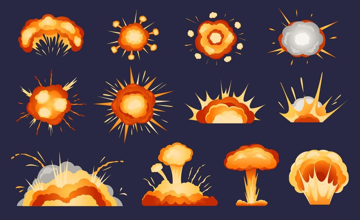 Vector explosiones de dibujos animados conjunto de vector de efecto de explosión de bomba de nube de hongo atómico