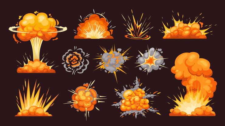 Vector explosiones de dibujos animados juego de detonación explosiva cómica explosión de bomba explotar animación explotar efectos de nube estrellar explosiones atómicas conjunto de vectores dinamita boom arma destrucción colección aislada