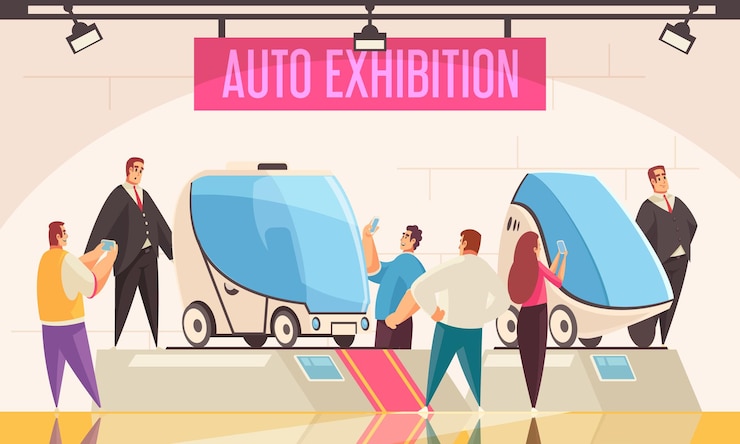 Vector expo stand auto exposición símbolos ilustración plana
