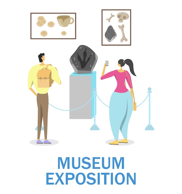 Vector exposición del museo de historia, ilustración vectorial. pareja viendo huellas de animales extintos, huesos humanos, cerámica antigua.