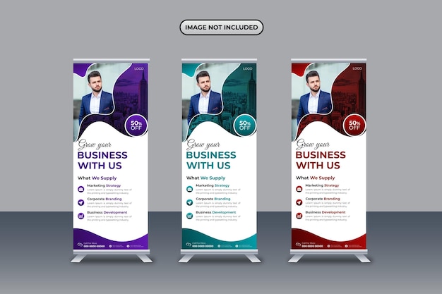 Exposición de negocios creativos de vector enrollar banner emergente de pie x plantilla de banner
