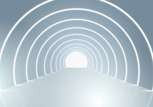 Exposición de representación 3D de un túnel con luces de línea circular